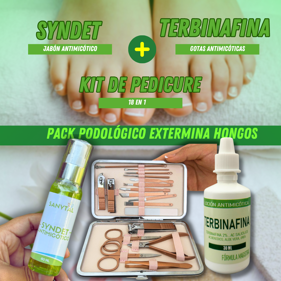 PACK PODOLÓGICO (GOTAS DE TERBINAFINA + SYNDET ANTIMICOTICO+ KIT DE MANICURE Y PEDICURE 18 EN 1) - M0232