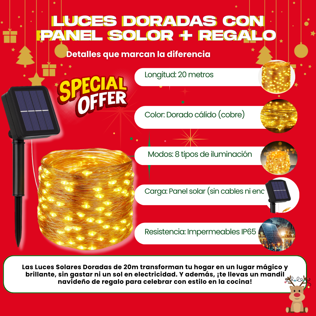 2 LUCES SOLARES DORADO (20 M) + REGALO GRATIS - M0321