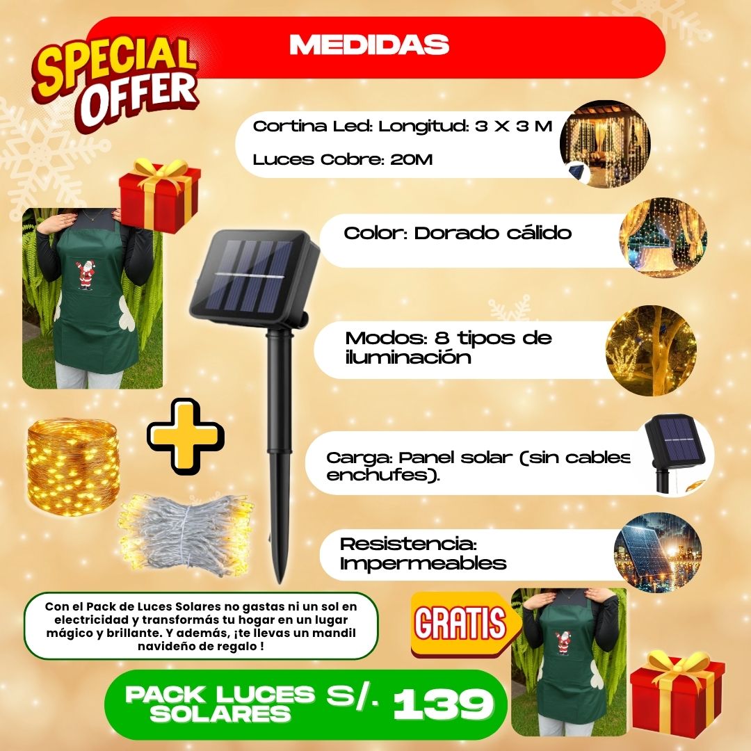 PACK NAVIDEÑO (CORTINA DE LUCES LED SOLARES + LUCES SOLARES DE COBRE) + REGALO - M0361