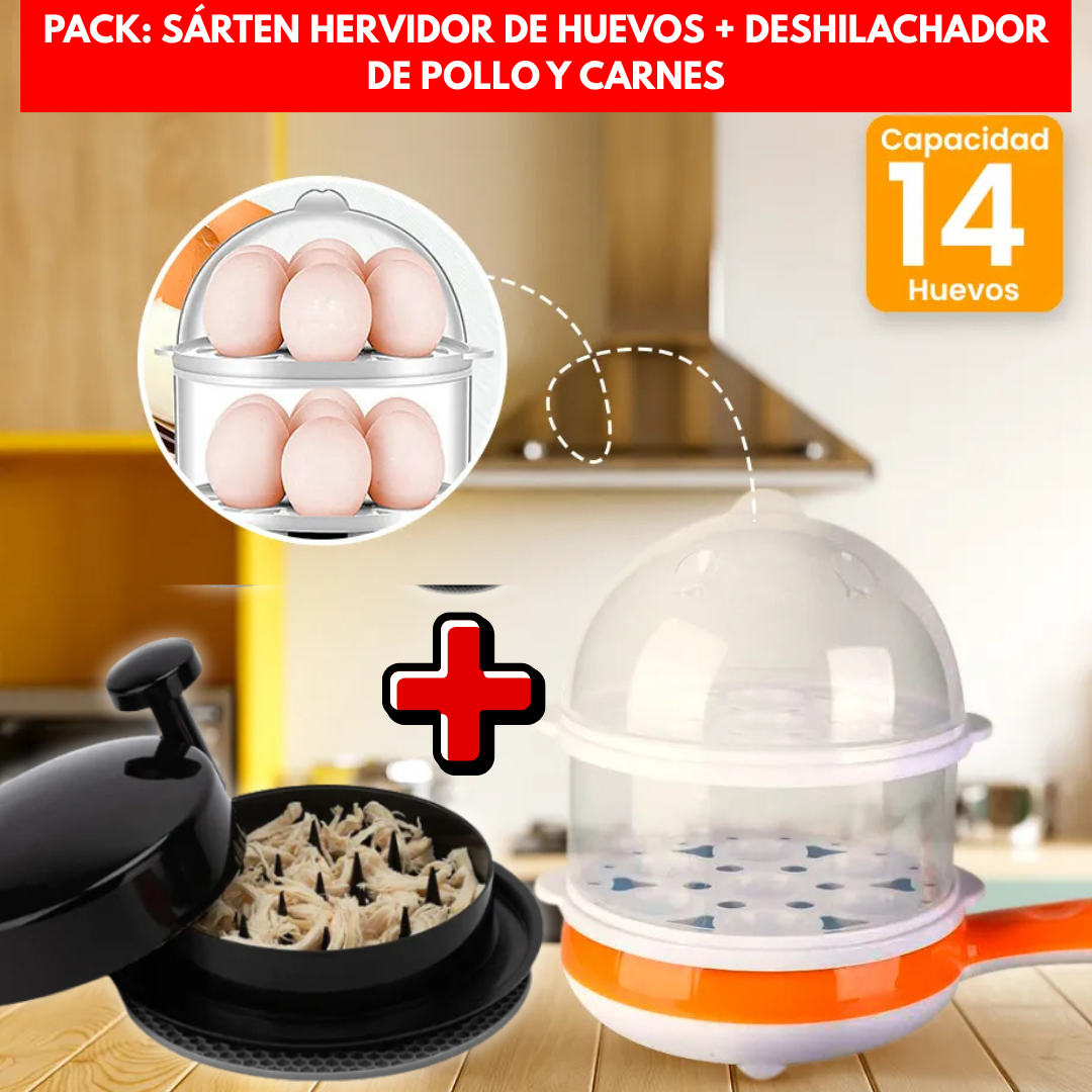 PACK DÚO MULTIFUNCIÓN: Cocedor de huevos multifuncion + Deshilachador - M0277