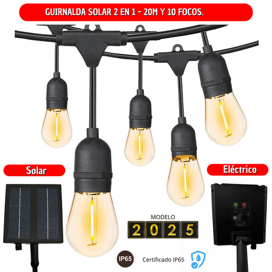 NUEVA GUIRNALDA SOLAR Y ELECTRICO 2 EN 1 (10 METROS + 20 FOCOS)- M0165