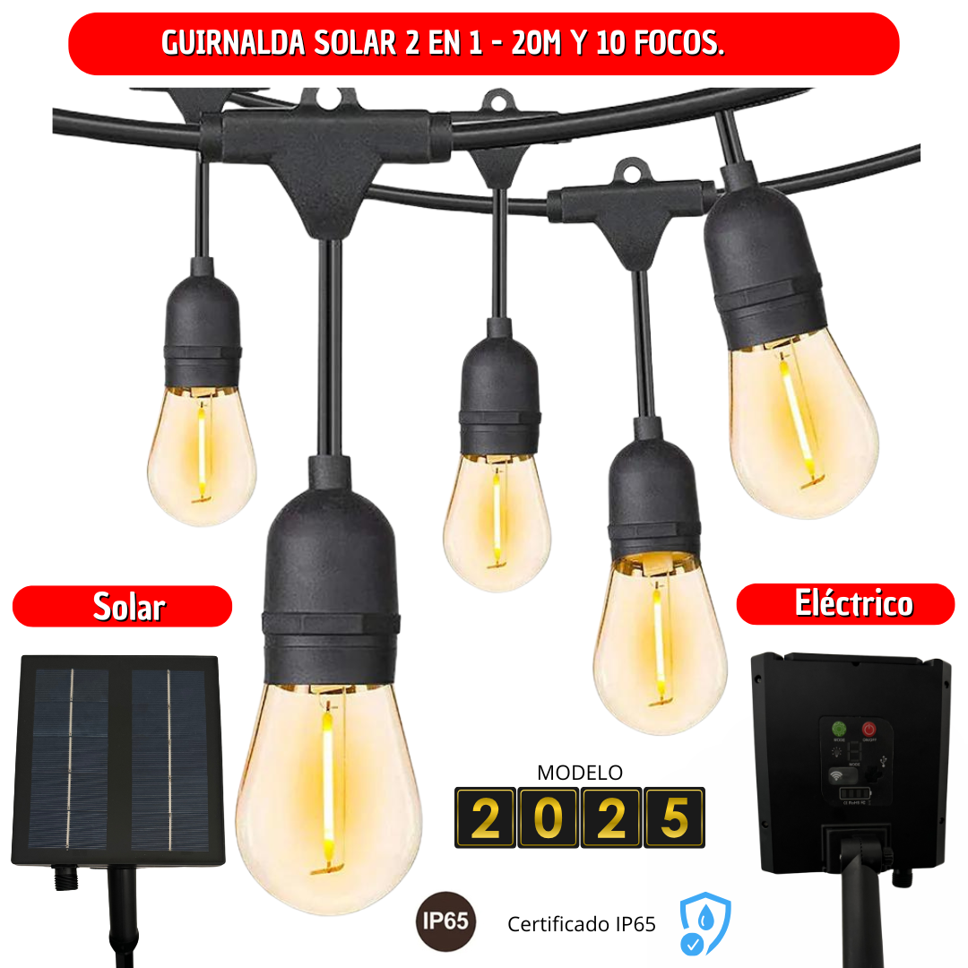 NUEVA GUIRNALDA COLGANTE SOLAR Y ELÉCTRICA 10M y 20 FOCOS - M0164