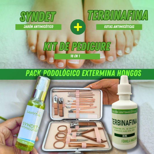 PACK PODOLÓGICO (GOTAS DE TERBINAFINA  + SYNDET ANTIMICOTICO+  KIT DE MANICURE Y PEDICURE 18 EN 1) - M0231