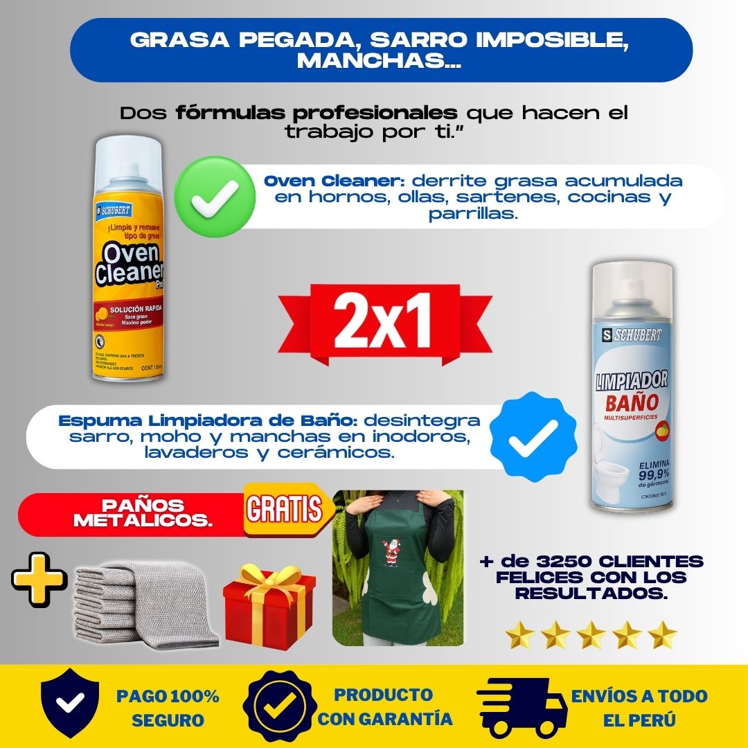 KIT LIMPIADOR (1 OVEN + 1 ESPUMA DE BAÑO + PAÑOS METALICOS)  + REGALO - M0383