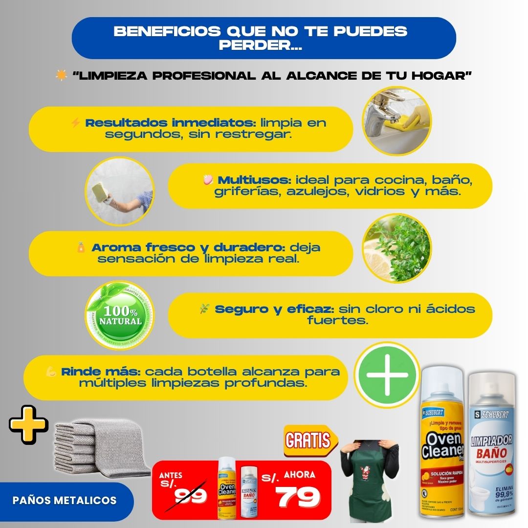 KIT LIMPIADOR (1 OVEN + 1 ESPUMA DE BAÑO + PAÑOS METALICOS)  + REGALO - M0383