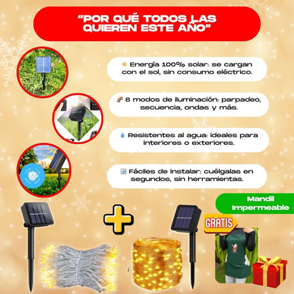 PACK NAVIDEÑO (CORTINA DE LUCES LED SOLARES + LUCES SOLARES DE COBRE) + REGALO - M0361