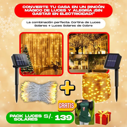 PACK NAVIDEÑO (CORTINA DE LUCES LED SOLARES + LUCES SOLARES DE COBRE) + REGALO - M0361