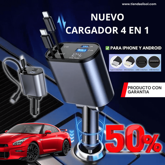 Cargador Retráctil para carro 4 en 1 - 50% Dst.