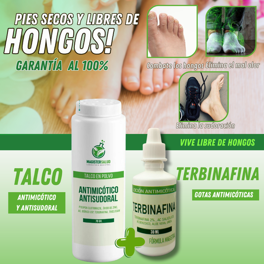 PACK: TERBINAFINA + TALCO ANTIMICÓTICO (ELIMINA HONGOS EN LAS UÑAS Y PIE DE ATLETA) - M0306